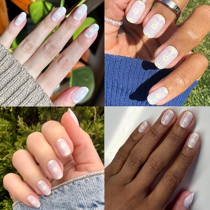 Olive & June Instant Mani Press-On Nails (Glue) | 42 Fake Nails, 21 Sizes | Non-Toxic, Long-Lasting Recycled Materials Realistic Look | Spring Flowers & Patterns | Short, Round |Daisy Chain