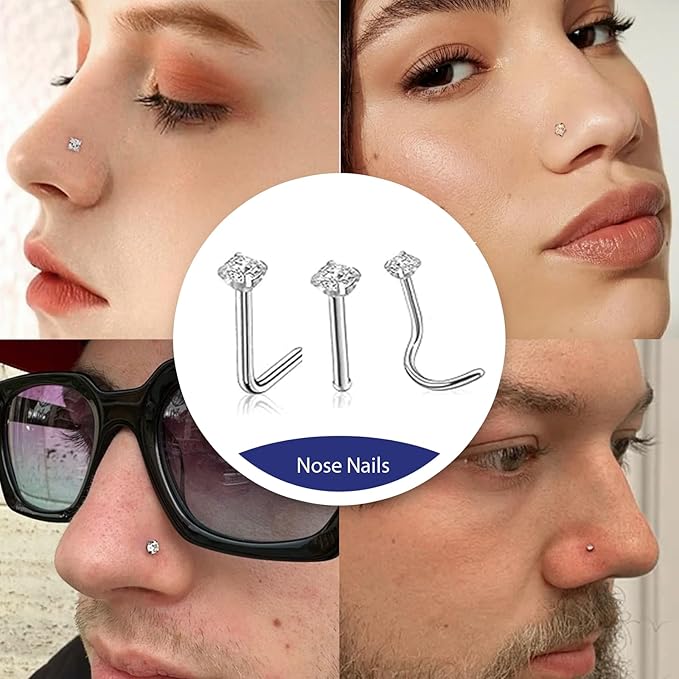 Yugui Nose Piercing Kit 20G Nose Piercing Rings, Nails and 18G Piercing Needles Disposable Piercing Clamps Gloves Clean Pads Home DIY Self Body Piercing Tools Kit Supplies