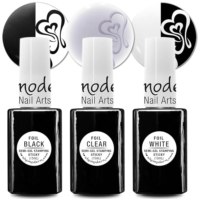 SheModern STICKY BLACK + CLEAR + WHITE Stamping Polishes (Set of 3) LED/UV Cure Semi-Gel Collection For Nail Art Design that allow Artists to Easily Apply Glitter and Foil Transfer over Sticky Images