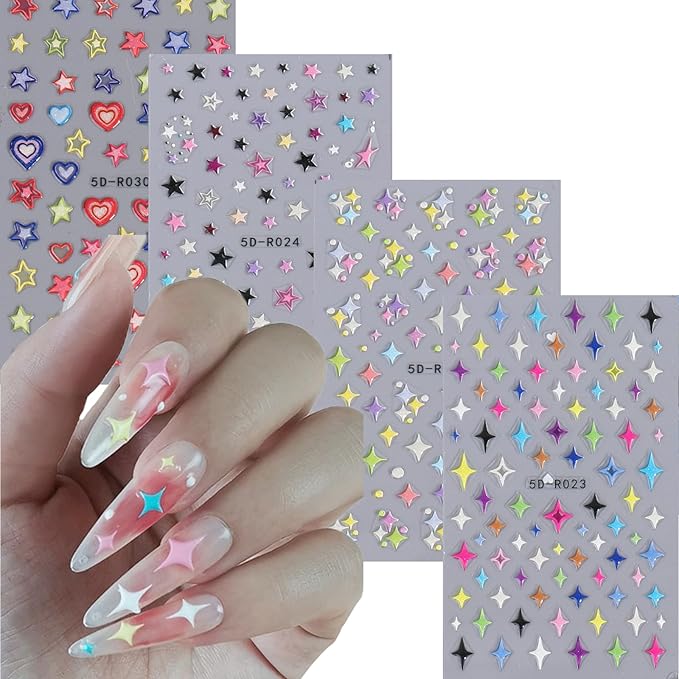 5D Embossed Star Nail Art Stickers Star Nail Decals Self-Adhesive Pegatinas Uñas Colorful Nail Supplies Heart Nail Stickers for Women Girls Manicure 4Sheets…