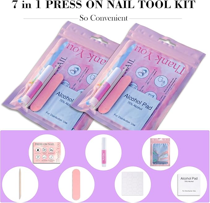 Disposable Nail Supplies Kits,Professional Manicure Press On Nail Tool Kit with Nail File,Adhesive Tabs,Nail Glue,Sticks, Prep Pads,Bags,Cards for Nail Business (350pcs50set-pink)