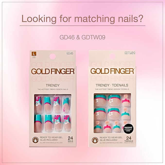 GoldFinger 24 Pcs Press On Toenails, Wide Fit Fake Nails, French Tip Gel Stick On Extensions, Reusable DIY Pedicure False Nail Kit with Glue, Cuticle Stick & File, 7 Day Long Lasting Wear