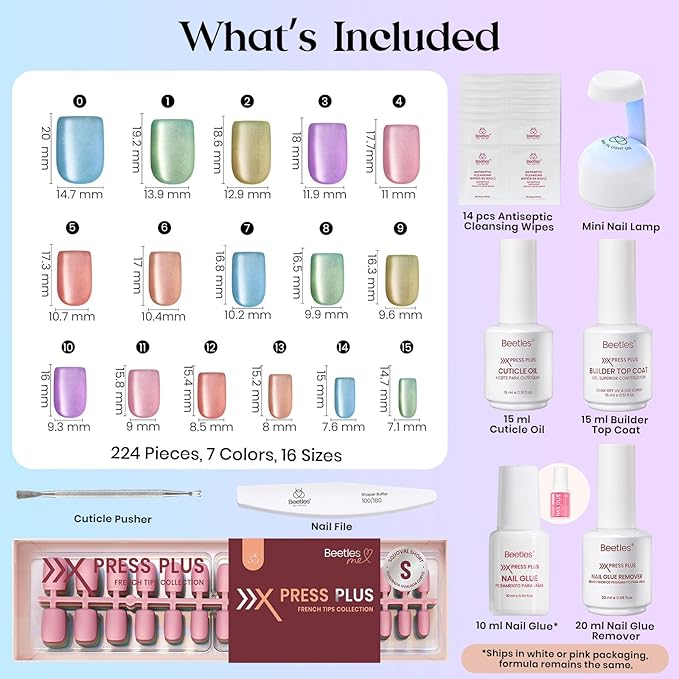 Beetles X Press Gel Nails Kit - Fizz Aurora | 7 Colors Spring Cat Eye Press On Nails Short Square | 224Pcs 16 Sizes All-in-One Kit With Nail Glue,Remover,Builder Top Coat,Nail Lamp Gift