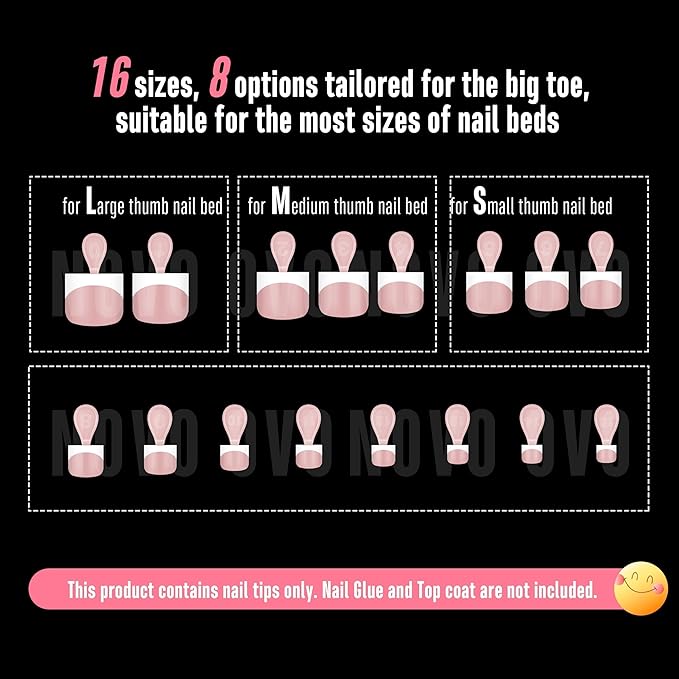 NOVO OVO Extra Short Toe Nail Tips White French Tip BABY PINK Sharp Square Press On, Soft Gel False Fake Toenail Extension Kit, Need Apply Top Coat Buider Gel Nail Glue, Salon DIY x 16 Sizes 224 Pcs