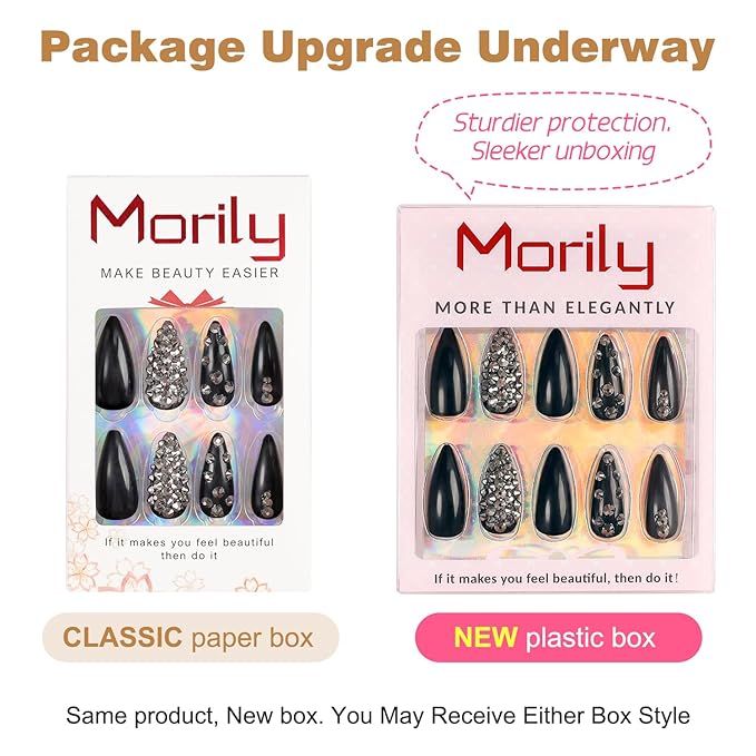 Morily 24pcs Fake Nails Black with Rhinestones Luxury Pure Color Medium Long Stiletto Almond Press on Nail False Tips Artificial Finger Manicure for Women (Glossy Crystal)