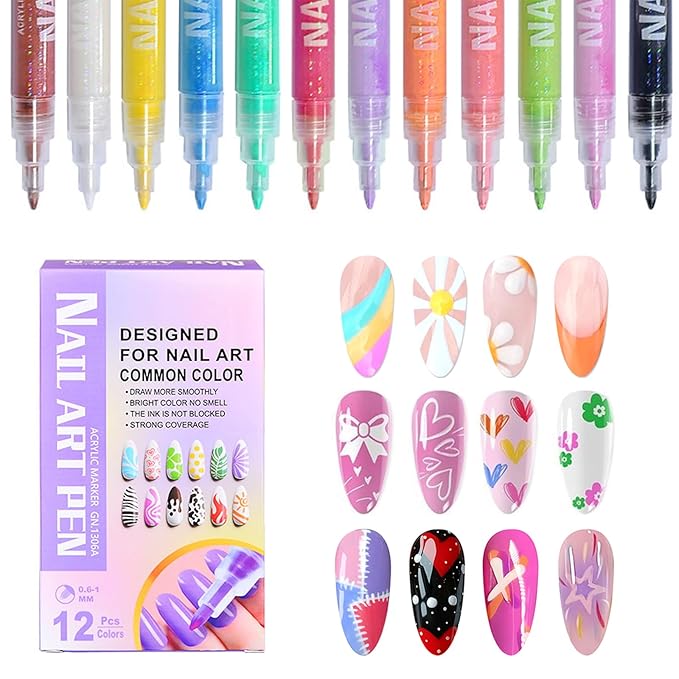 12 Colors Nail Art Pens, 3D Water Based Nail Art Marker Pens for Painting Point Graffiti Dotting Liner Pen - Home Salon Quick Dry Nail Tool Manicure