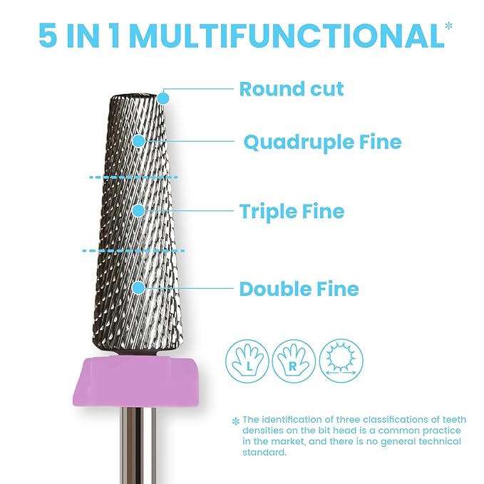 16mm 5 in 1 Tapered Barrel Nail Drill Bits, 3/32'' Safety Tungsten Carbide Bits for Professionals, Right & Left Rotation, Manicure Cuticle Gel Acrylic Removal Polishing, Technicians Bits, Double Fine