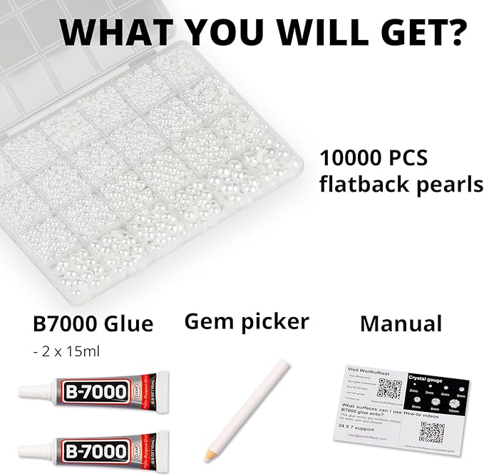 10000Pcs White Flatback Pearls with Glue Kit for Bedazzling Crafts Crafting Shoes Nail Art Decoration, Mixed Sizes 2mm 3mm 4mm 5mm 6mm 8mm 10mm White Half Round Flat Back Pearls Beads Set