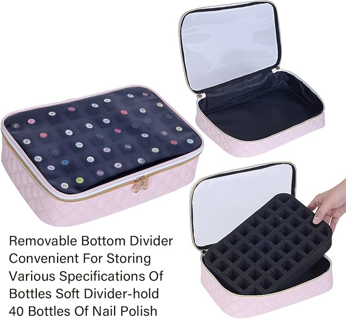Nail Polish Bag organizer-Holds 40 bottles(15ml-0.5fl.oz)，Nail Polish Carrying Case Clear Multifunctional Cosmetic Travel Cases Makeup Bags Pink