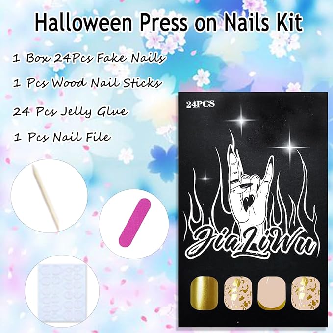 Gold French Tip Press on Nails Short Almond Fake Nails Glitter Foils Designs Glossy Glue on Nails Almond Shape Full Cover Nails Tips False Nails Reusable Artificial Acrylic Nails for Women Girls 24Pcs
