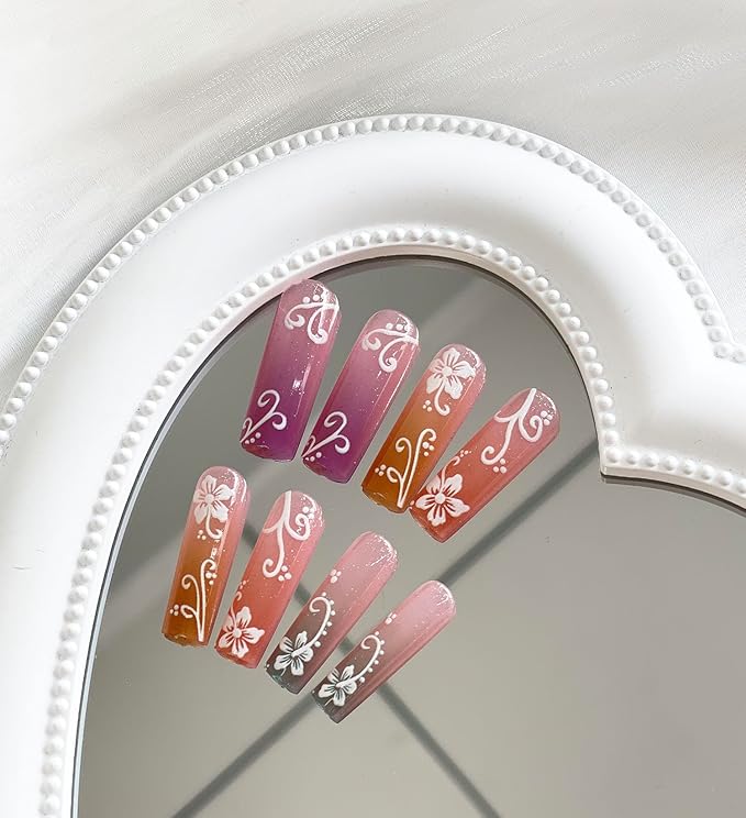 Press on Nails Long Square MABKJLF Summer Fake Nails Rainbow Full Cover False Nails with White Flower Designs Glossy Stick on Nails Artificial Acrylic Nails for Women Girls 24 Pcs