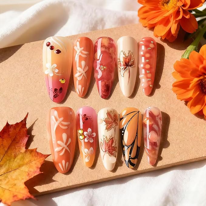 30Pcs Fall Press on Nails Long Almond Fake Nails Gilding Red Maple Leaf False Nails with 3D Flower Gems Design Thanksgiving Stick on Nails Full Cover Artificial Glue on Nail for Women Autumn DIY Kit