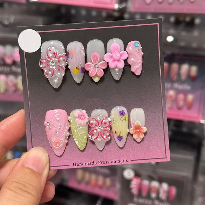 Luxury Press on Nails Medium Almond Handmade 3D Unique Reusable ABS Material Fake Nails Cute Pink False Nails with Designs Rhinestones Flower Art Petal Glossy Glue on Nails Thick Acrylic Nails(M)