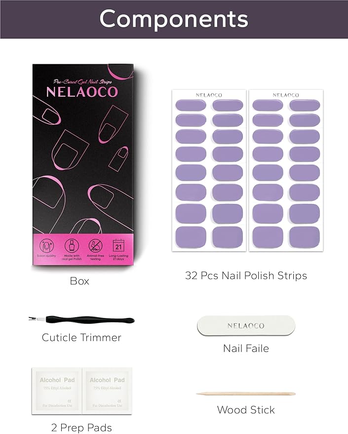 Nail Polish Strips – 32PCS UV Free Salon Quality Wraps, Long Lasting Gel Nail Stickers for Women (Lilac Dream Purple)