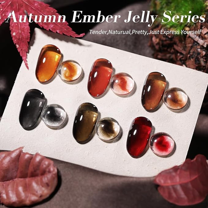 BORN PRETTY Jelly Gel Nail Polish Fall Winter Amber Crystal Brown Orange Burgundy Red Black Gel Polish Transparent Translucent Clear Nail Art Manicure DIY Home Salon 6PCS