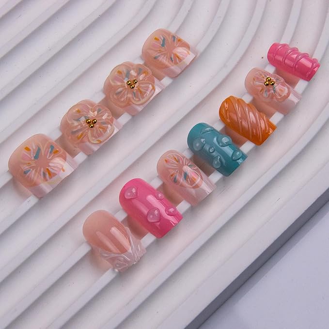 48Pcs Press on Nails Square & Press on Toenails Set, Flowers Fake Nails French Press on Toe Nails Full Cover Stick on Toe Nails Short Acrylic Nails Kit for Women Manicure