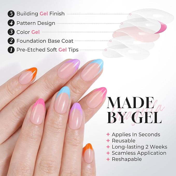 UNA GELLA 32Pcs Soft Gel Press on Nails - 16 Sizes Multi-color French Tip Almond Glue on Nails, Reusable Neon Pastel Rainbow False Nails, Full Cover Acrylic Nail Kit for Women DIY Home Manicure