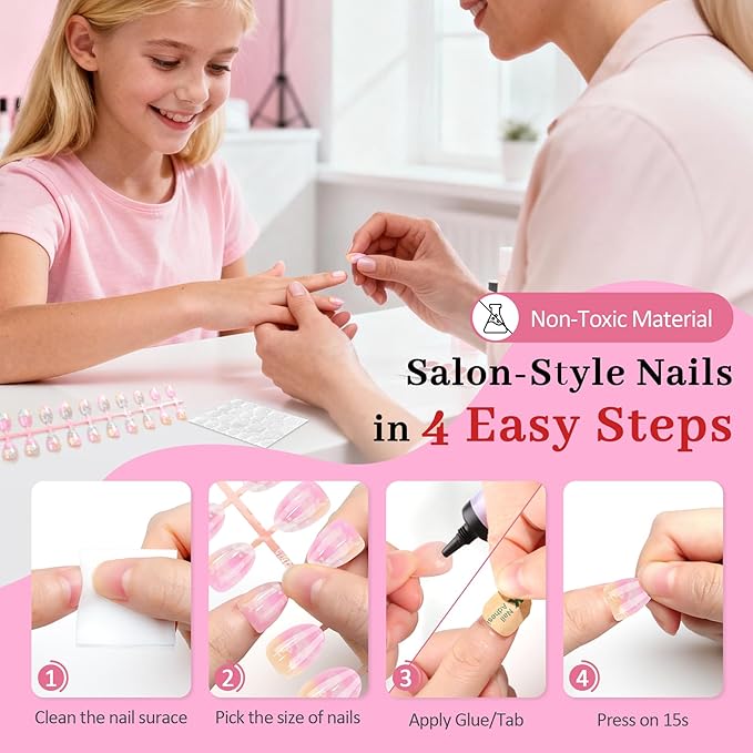 16 Sizes Press on Nails Kit for Kids - 32 Pieces French Almond Fake Nail Tips for Girls 8-12 Years Old with Jelly Nail Adhesives & No-Lamp Nail Glue, Birthday Christmas Gifts(Dream Stars Cloud)