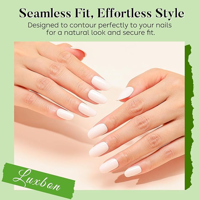 Luxbon Short Press On Nails Acrylicwith No-Cure Nail Glue and Tool Kit – Rounded Soft Gel Tips 25-30pcs Full Size Set, Reusable Fake Nails for Women, Stick On Nails, Fit Perfectly & Natural, Nude