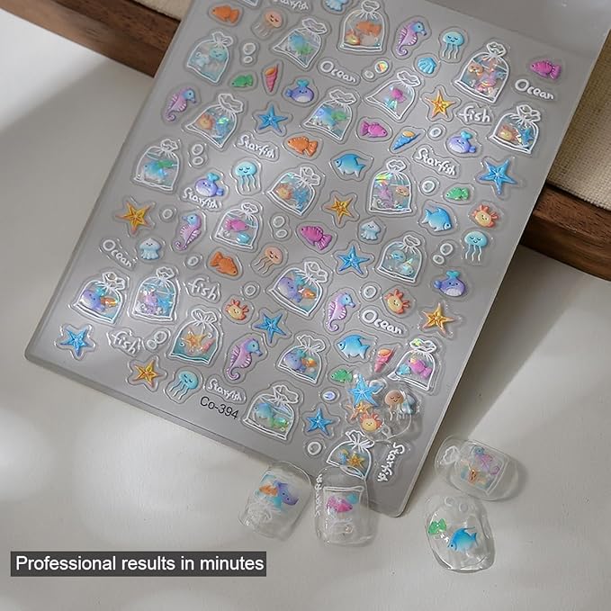 Zoance 5D Embossed Shell Starfish Nail Art Stickers, Self Adhesive Marine Life Nail Decals 4 Sheets Jellyfish Fishtail Pearl Nail Stickers for Nail Art Supplies Women Girls Nail DIY Decorations