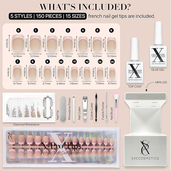 SXC Cosmetics French Tip Press On Nails - Skin Tone Nude and Color Series, XS Square X-Pro Tips Starter Kit ST113KIT