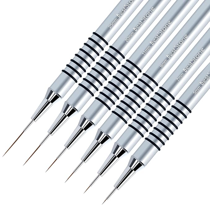 Metallic Nail Art Liner Brushes, 6Pcs Professional Gel Polish Painting Art Design Pen Set for Long Lines, Thin Details, Fine Drawing Sizes 5/7/9/11/20/25mm Nail Art Design Gift for Women(silver)