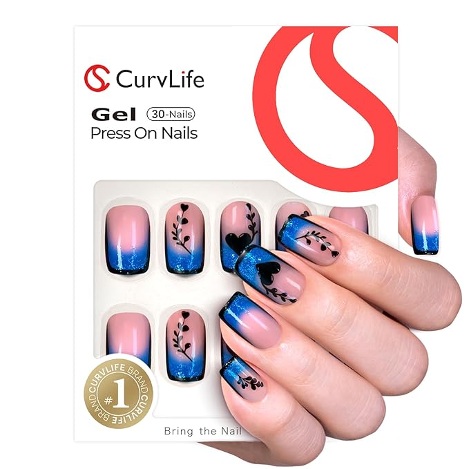 Curvlife Square Press On Nails – 30PCS Full Cover False Natural Fit Soft Gel Fake Nails Tips, Easy to Apply at Home Glue On False Nails Kit (Sparkle Ombre Tips, Medium)