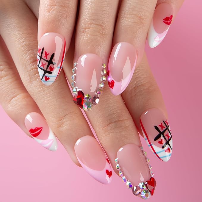 LOVFUL Valentine's Short Press on Nails Heartbeat Diary | Handmade Acrylic Press ons | Reusable Fake Nails | Almond Regular 1.0 in | H729-M