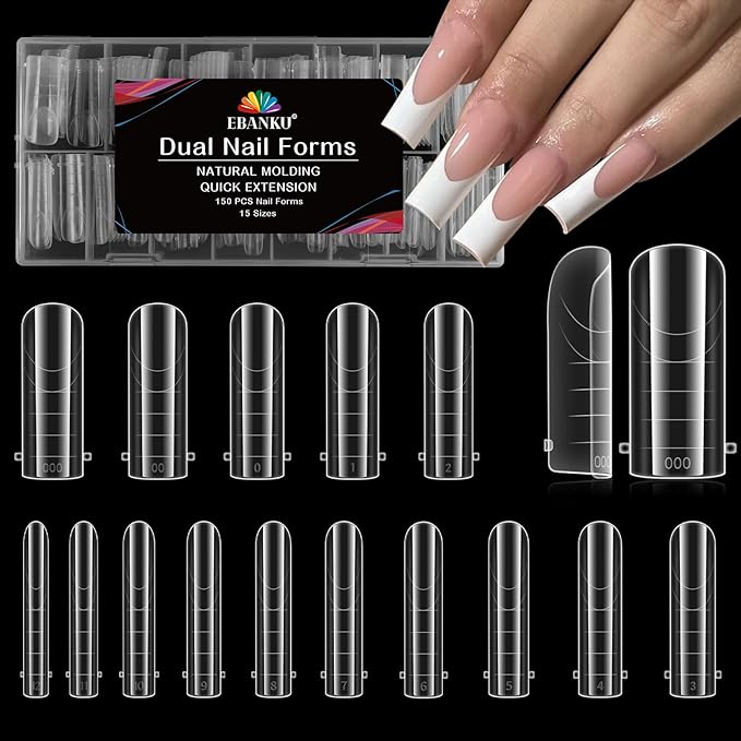 EBANKU Dual Nail Forms for Poly Extension Gel, 150 Pcs Reusable 15 Sizes Nail Extension Forms for Builder Gel Manicure Design Salon DIY