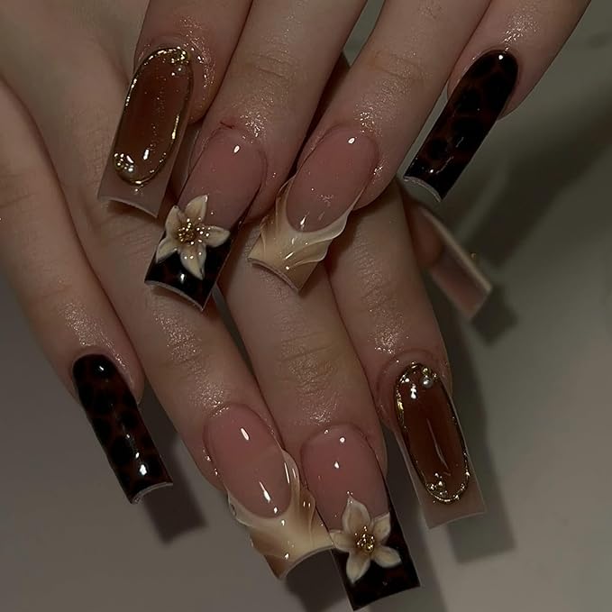 Square Press on Nails Long Fake Nails Brown Artificial Nail Seeneey Flowers and Gold Charm Designs Leopard Stick on Nail for Women 24pcs