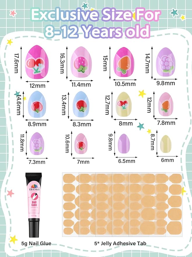 EBANKU 144 Pcs Press on Nail for Kids, Flowers Pattern Fake Nails for Kids Colorful Press on Nail Short Artificial False Nail Kits for Nail DIY