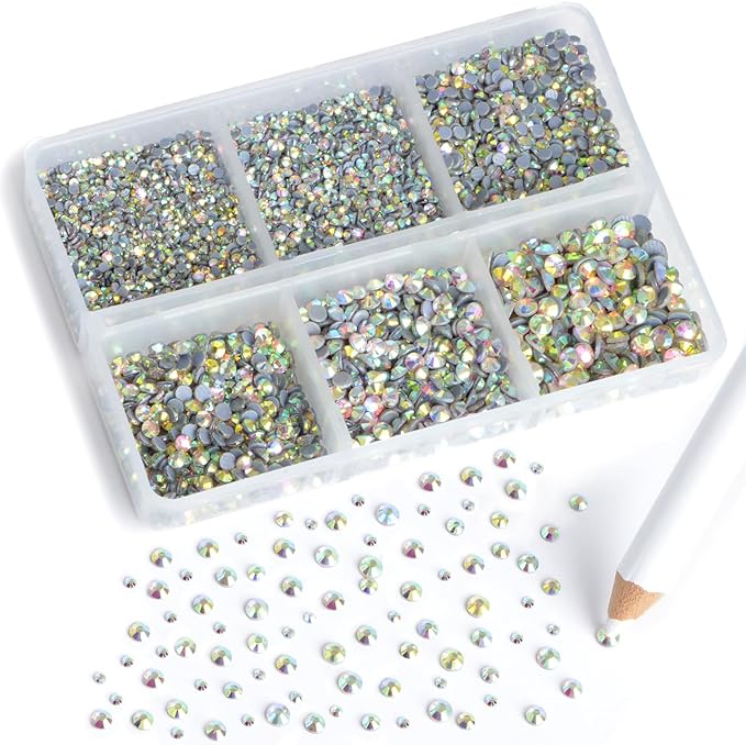 8000pcs Hotfix Rhinestones Flatback,Rhinestones for Crafts Clothes Mixed 6 Sizes, Hotfix Crystals with Wax Pencil Kit, SS3-SS12,Clear AB