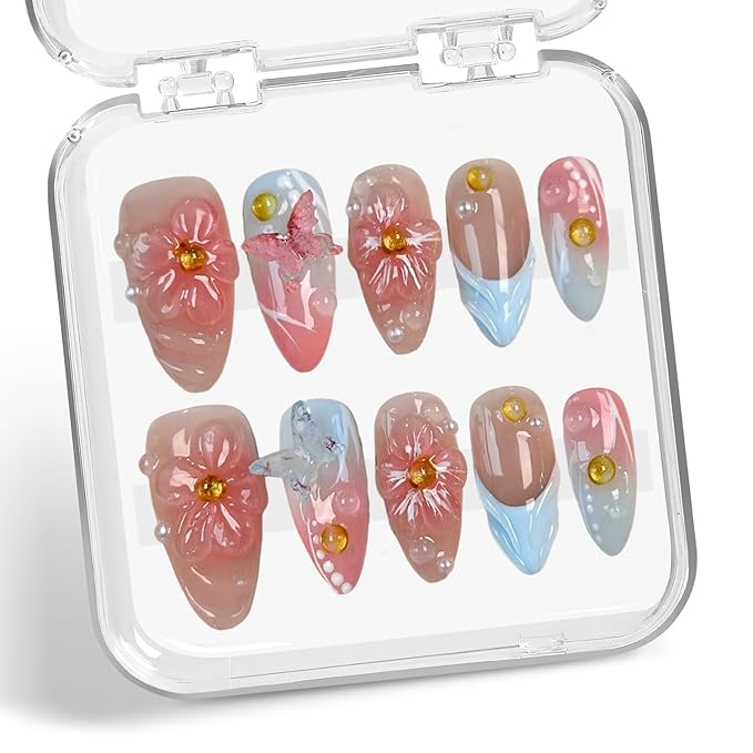 Flower Press on Nails Pink Blue Gradient Medium Almond Fake Nails with 3D Floral Butterfly Pearl Design Handmade Press on Nails French False Nail Muti-Layer Gel Acrylic Nail for Women (Size S)