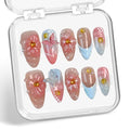 Flower Press on Nails Pink Blue Gradient Medium Almond Fake Nails with 3D Floral Butterfly Pearl Design Handmade Press on Nails French False Nail Muti-Layer Gel Acrylic Nail for Women (Size S)