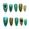 Luxury Vintage Press on Nails Medium Almond, Handmade 3D Gemstone & Glitter Design Green Gold Acrylic Nails, Reusable False Nails (Exotic Flair,M)