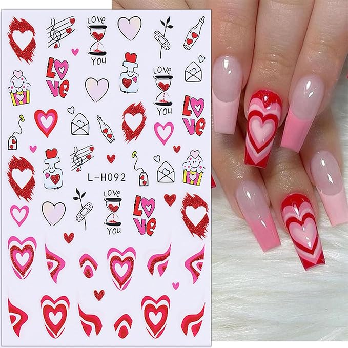 6 Sheets Valentines Nail Stickers for Nail Art Romantic Heart Nail Art Stickers Red Lips Rose Nail Decals 3D Self-Adhesive Envelope Love Hearts Valentine Nail Decorations for Women DIY Holiday Nails