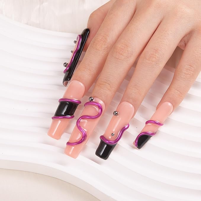 LOVFUL Press on Nails Black Pink| Handmade with Full Covered Crystals| Reusable Fake Nails| Square Mid length 1.7in| H236-S