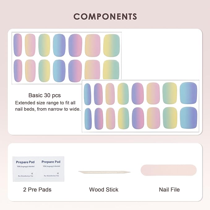 Semi Cured Gel Nail Strips – Real Gel Nail Polish Wraps for Brittle Nails | Waterproof Long Lasting Easy Peel-Off Removal | Hema-Free | Pastel Ombre Rainbow Salon Kit with File & Stick