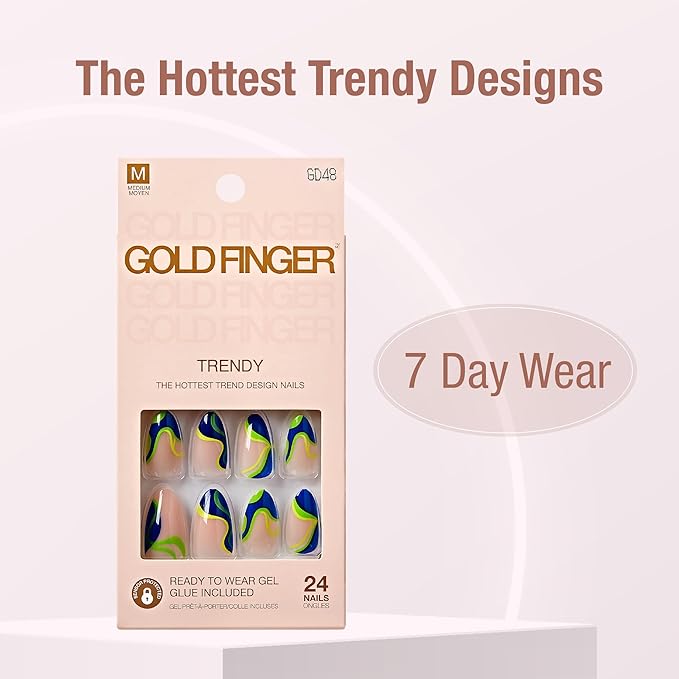 GoldFinger 24 Pcs Press On Nails, Medium Almond Fake Nails, Abstract Neon Gel Stick On Extensions, Reusable Full Cover False Nail Kit with Glue, Manicure Stick & File, 7 Day Long Lasting Wear
