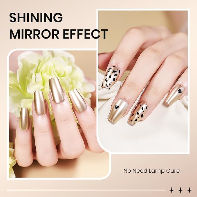 Champagne Mirror Nail Polish Quick Dry Metallic Nail Polish Non Gel High Glossy Nail Lacquer Air Dry Chrome Nails Polishes Oil-based Holo Fingernail and Toenail