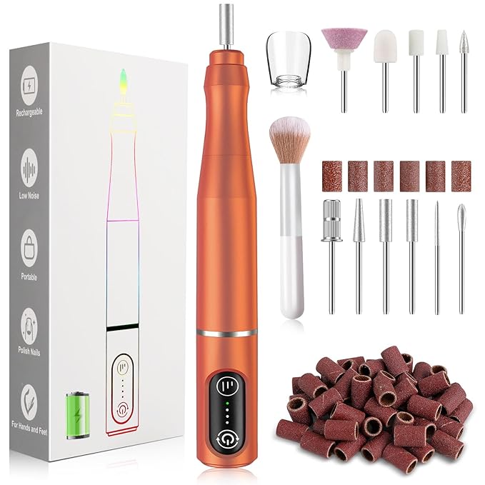 Cordless Nail Drill Electric Rechargeable File Kit, Professional Efile Acrylic Gel Nail Polish Remover Pedicure Manicure Machine Portable Set with 11 Bits 56 Sanding Bands (Orange)