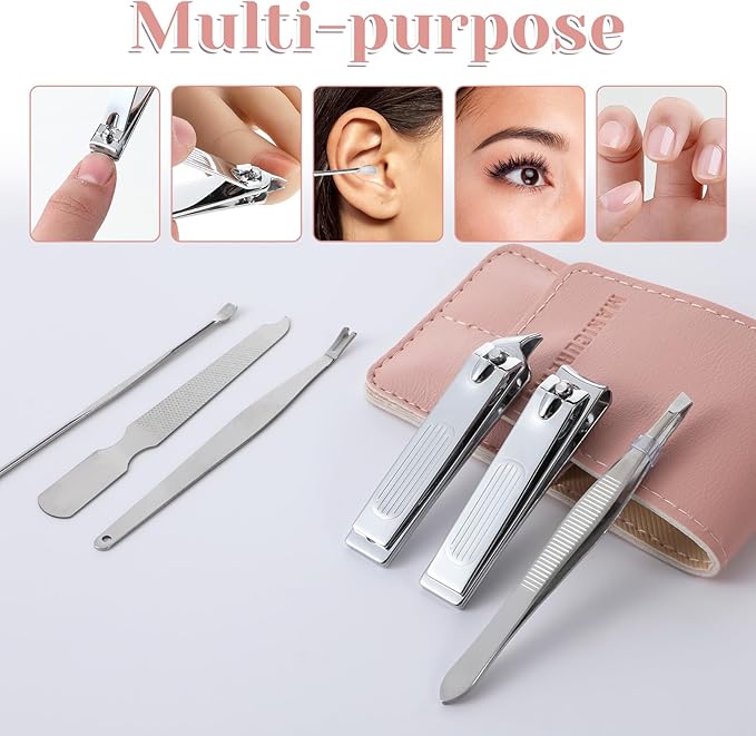 Nail Clipper Set Travel Manicure Kit for Women, 6 Pcs Stainless Steel Nail Kit with Storage Bag Includes Nails Clippers, Nails File, Eyebrow Tweezers, Ear Pick, Christmas Gifts for Women (Pink)