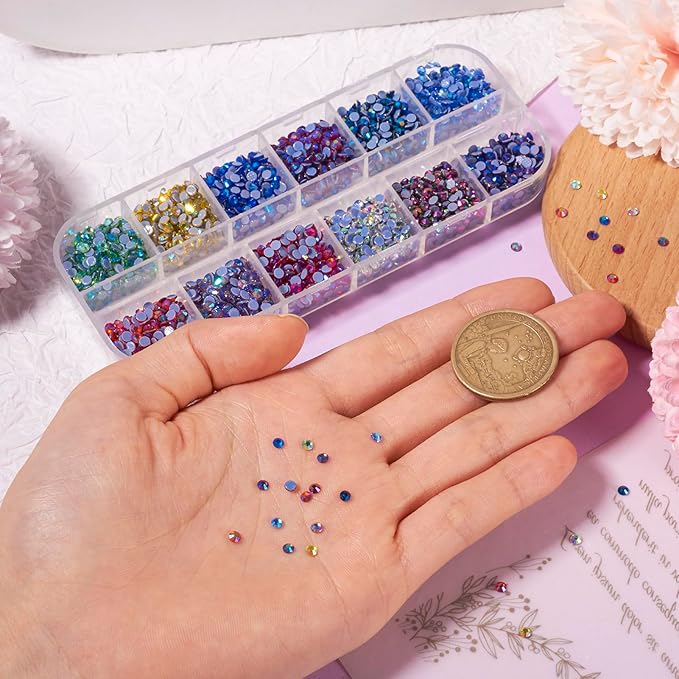 Craftdady Hotfix Nail Rhinestones 7680Pcs Flat Back Glass Nail Charms Small Crystals Nail Gems Bulk for Nail Decorations Wedding Makeup Scrapbook,12 Colors