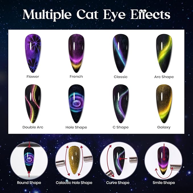 MIZHSE 8 Colors 9D Cat Eye Gel Nail Polish, Magnetic Gel Polish Kit with Magnet Stick, Galaxy Glitter Chameleon Effect Silk Velvet Cat Eye Nail Polish Soak Off Nail Art Design Ladies Gift