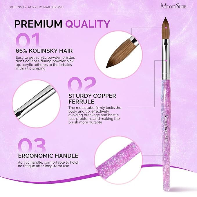MelodySusie Kolinsky Acrylic Nail Brush,66% Kolinsky Hair Professional Nail Art Brush for Acrylic Application, Aurora Collection Fine Glitter Brush, Purple, Size 10