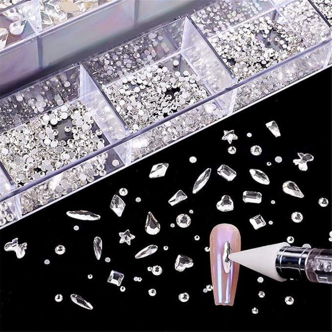 600+2100 Pcs Crystal Rhinestones Nail Art Set Nail Gems White Clear Class Multi-Shape Flat Back Shiny Nail Jewels with Picking Pen for Nail Art DIY Crafts Phones Clothes Shoes Jewelry Bag