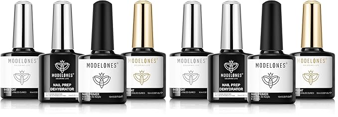 modelones Nail Dehydrator and Primer with Gel Base & Top Coat Set, Acid Free Acrylic Supplies Primer Glossy Gel Nail Polish Nail Thickening Solution Top Coat (Pack of 2)