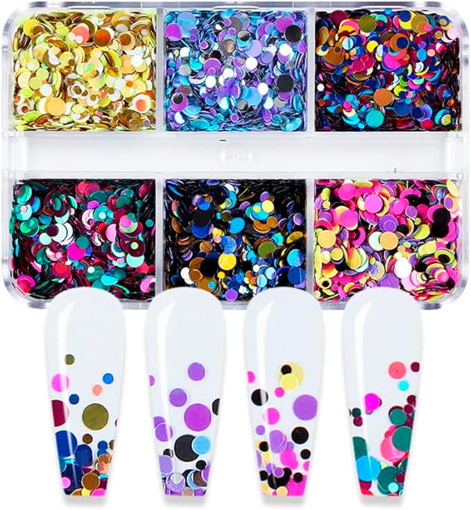 Nail Art 3D Round Sequin Holographic Glitter Nail Colorful Mixed Size Circle Flake Sparky Confetti Design Decoration DIY Accessories for Women 6Colors