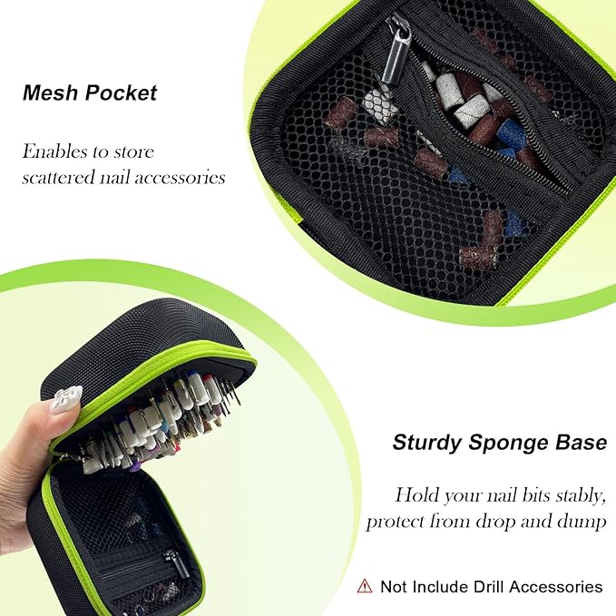 81 Holes Nail Drill Bit Holder, Nail Bits Display Organizer Container, Waterproof Portable Organizer Bag, Efile Nail Bits Professional Nail File Bits Manicure Tools, (Green) (ONLY CASE)