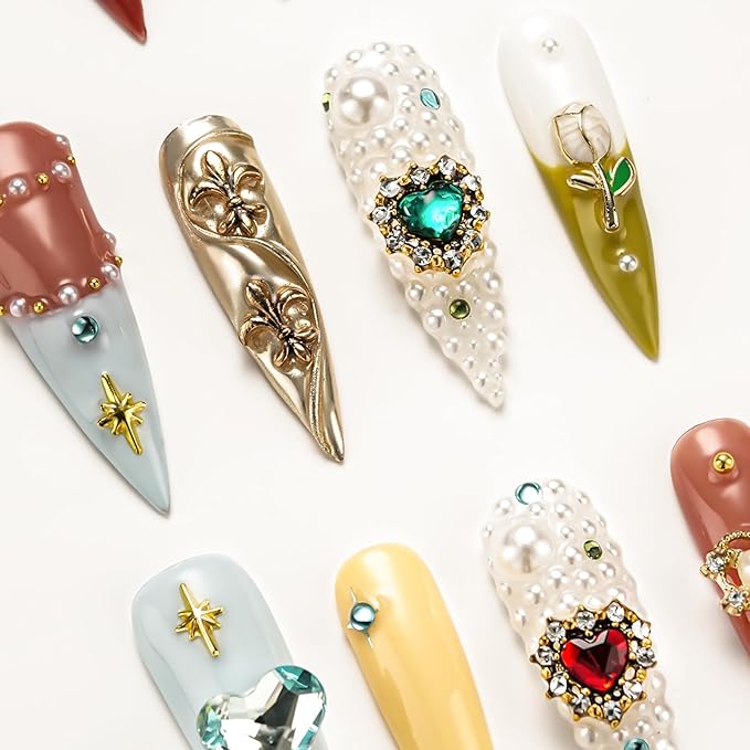 FORBELOVED NAILS,Shiny Colorful Gems,Heart Love,Flower Decorations,Luxury Handmade Press On Nails,Long Stiletto Glue On Nails,Pearls False Nails For Women And Girls,10Pcs/Set With Glue,(Yellow-S),FOB